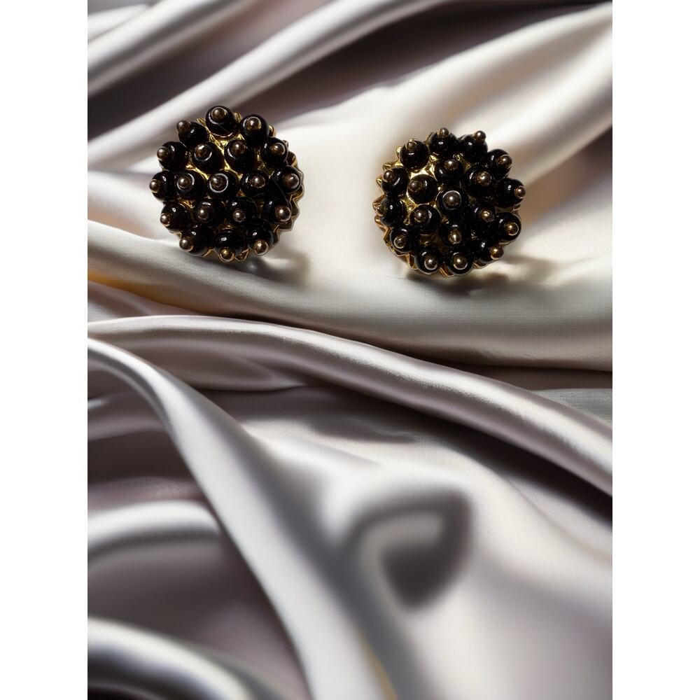 Vintage 1970s Black Beaded Cluster Gold Tone Stud Earrings
